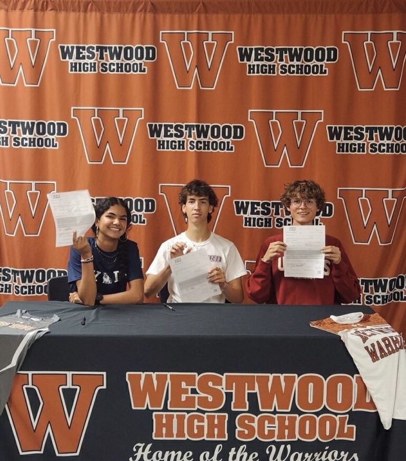 Priya Gangadharan ‘23, Will Murray ‘23, and Preston Sanderville ‘23 celebrate their signing, looking ahead to their futures.